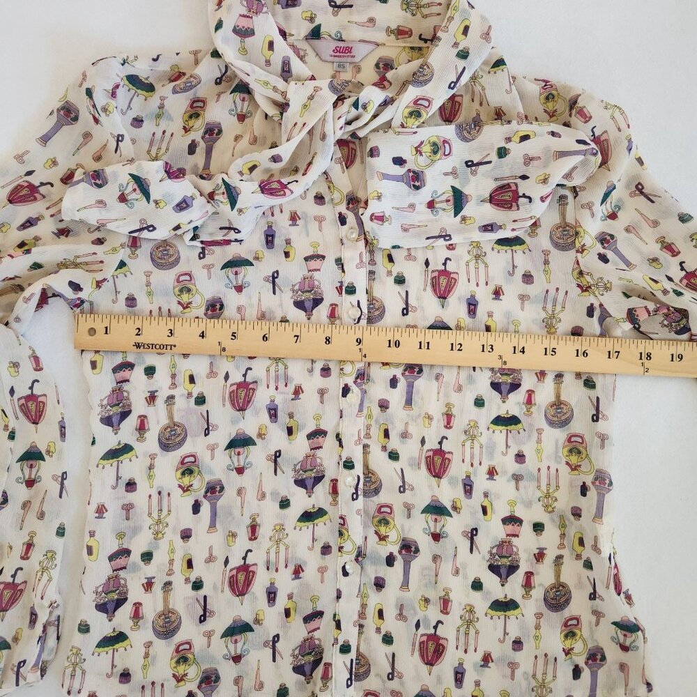 Subi Sheer Cream Printed Blouse Bow Feminine Coquette Pretty Romantic Girly Cute - Picture 10 of 11